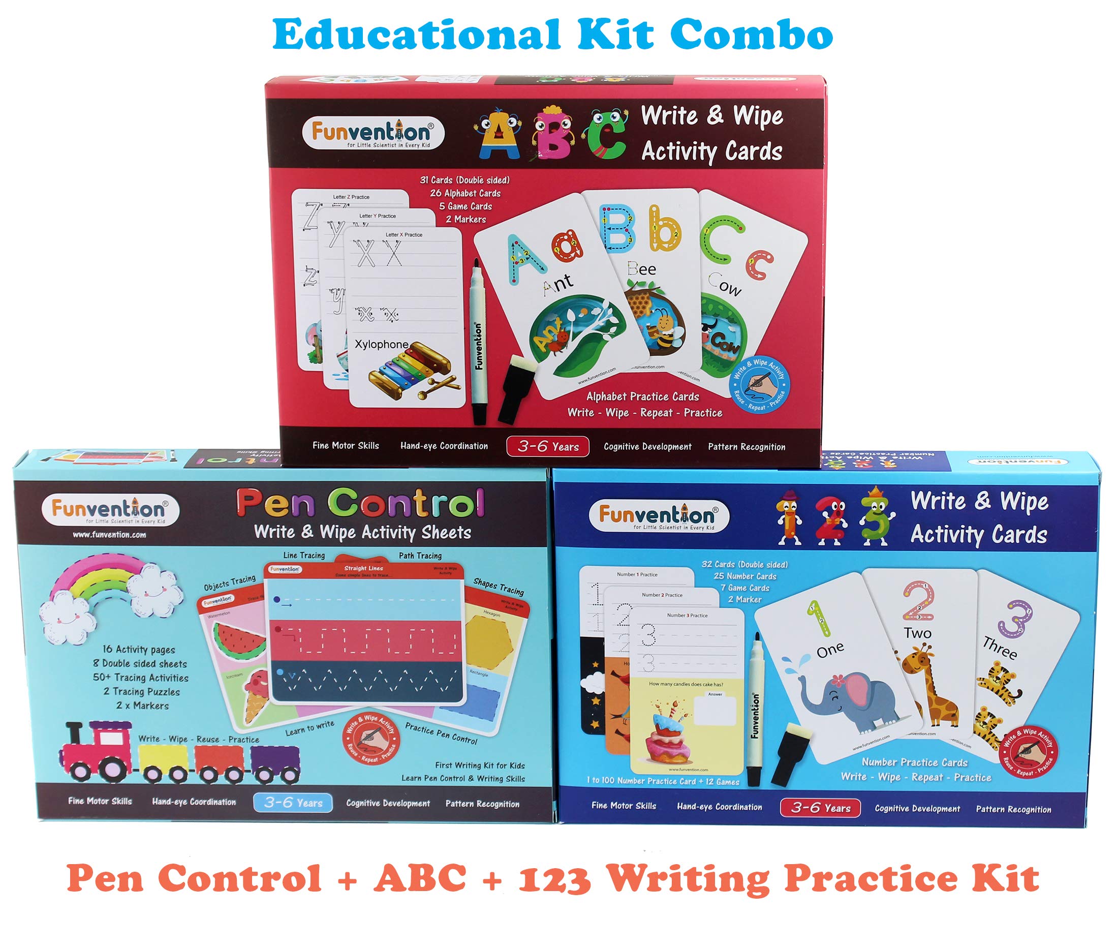 funvention- for little scientist in every kid pen control, numbers, letters write and wipe activity counting practice cards learning games, educational toys for children 3-6 years (combo of 3)- Multi color