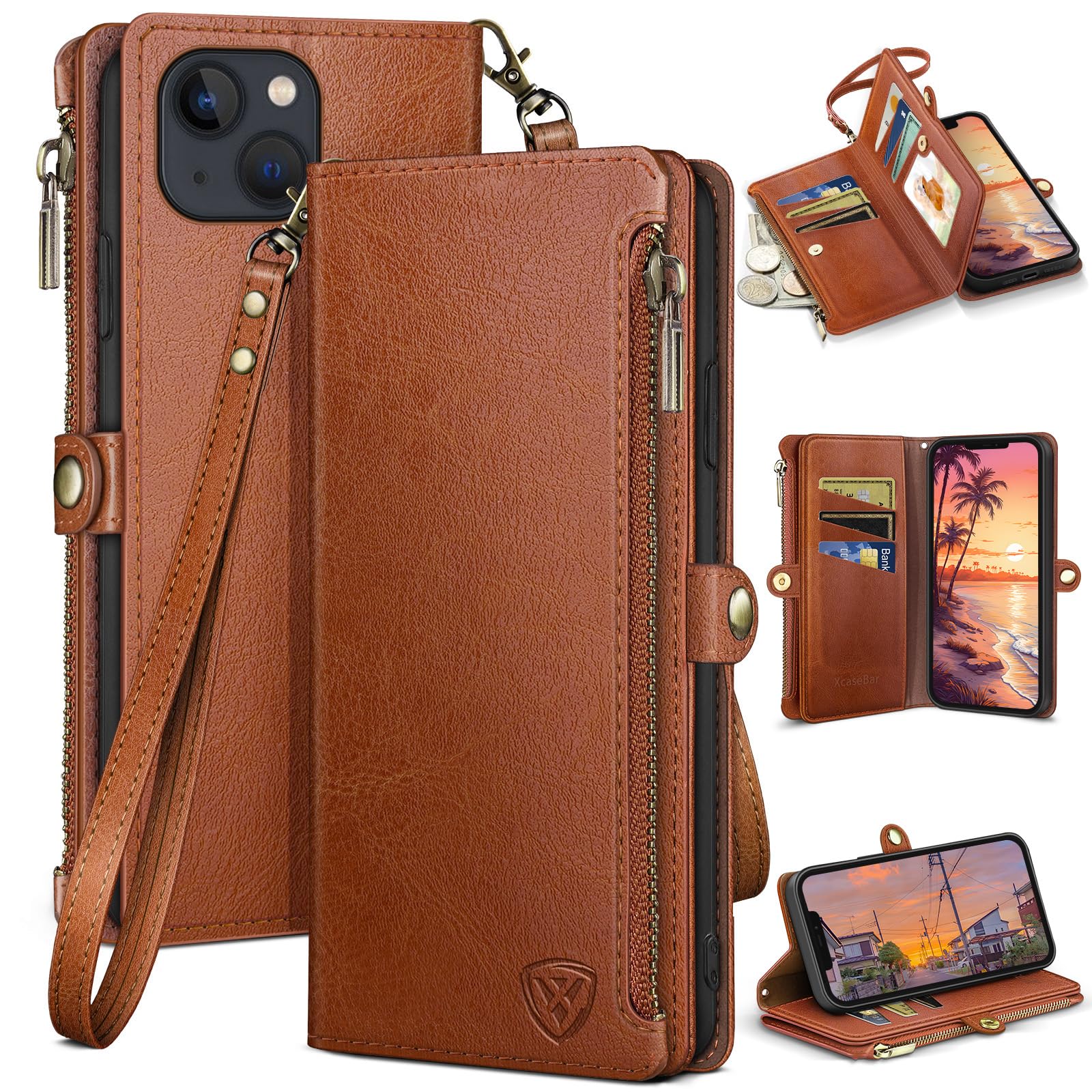 Photo 1 of XcaseBar for iPhone 13 6.1" Wallet case with Zipper Credit Card Holder?RFID Blocking?, Flip Folio Book PU Leather Phone case Shockproof Cover Women Men for Apple 13 case Light Brown