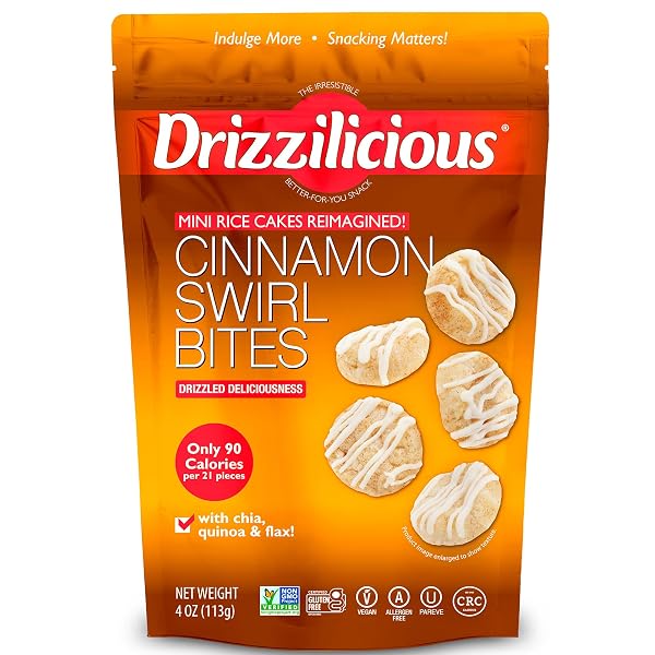 DRIZZILICIOUS MINI FLAVORED RICE CAKES CINNAMON SWIRL – RICE CRISPS, HEALTHY SNACK FOR ADULTS AND KIDS, VEGAN, GLUTEN FREE SNACK, ALLERGEN FREE, ONLY 90 CALORIES PER 21 PIECES – 4 OZ (PACK OF 1)
