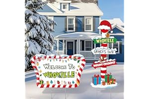 GOOLIFE Greench Christmas Decorations Outdoor, 2 PCS Large Christmas Yard Signs with Metal Stakes, Welcome to Whoville Sign for Lawn Garden Pathway Decorations, Xmas Holiday Party Supplies