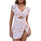 MFAVIP Women One Piece Swim Dress Tummy Control Swimsuits V Neck Ruffle Bathing Suit Cutout Wrap Side Tie Swimwear with Skirt