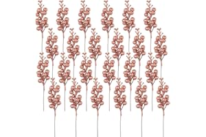 Crafare 24 Pack Rose Gold Christmas Glitter Berries Stems Artificial Christmas Picks for Christmas Tree Ornaments Wreath, Crafts, Holiday and Home Decor