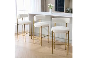 Forsalund Counter Height Bar Stools, 28'' White Gold Bar Stools Set of 3, Boucle Counter Stools with Back, Boucle Bar Stools for Kitchen Island, Dining Room