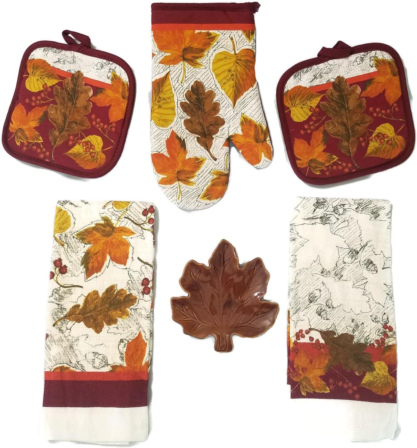 Fall Kitchen Mitt,Potholder Towel Kitch set With Fall Leaf Cermic Spoon Rest (Burgandy Leaves)