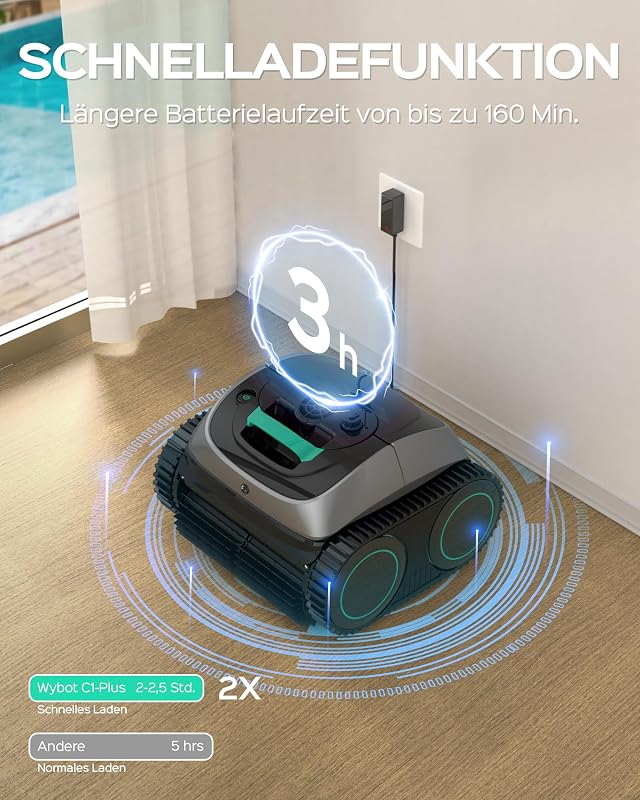 C1 Poolroboter mit Akku 160min, 160m² Wand und Boden, Wasserlinie