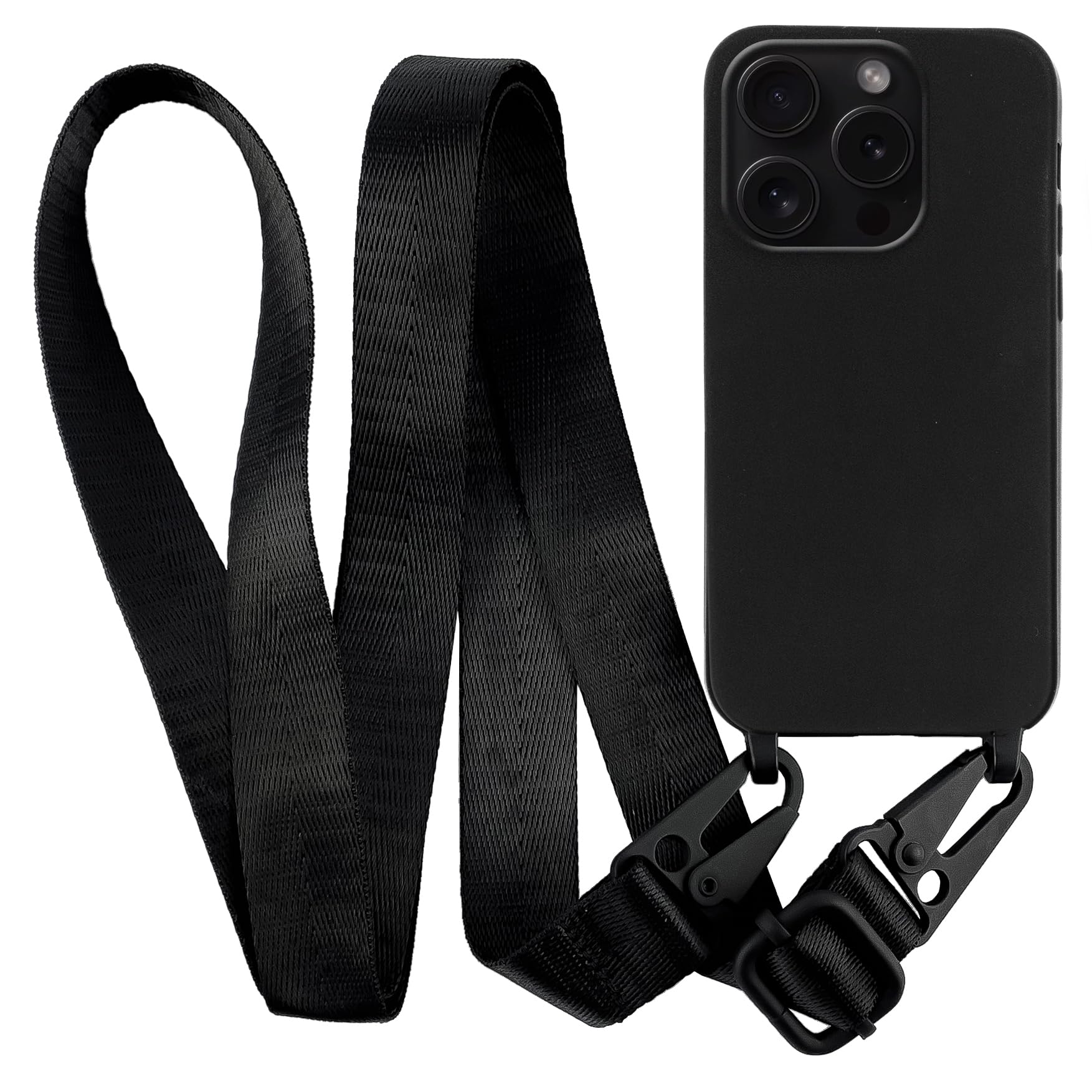 MyGadget Shockproof Case with Neck Cord Strap compatible with Apple iPhone 15 Pro Max - Silicone Protection & Crossbody Lanyard - Cover w | Necklace Black