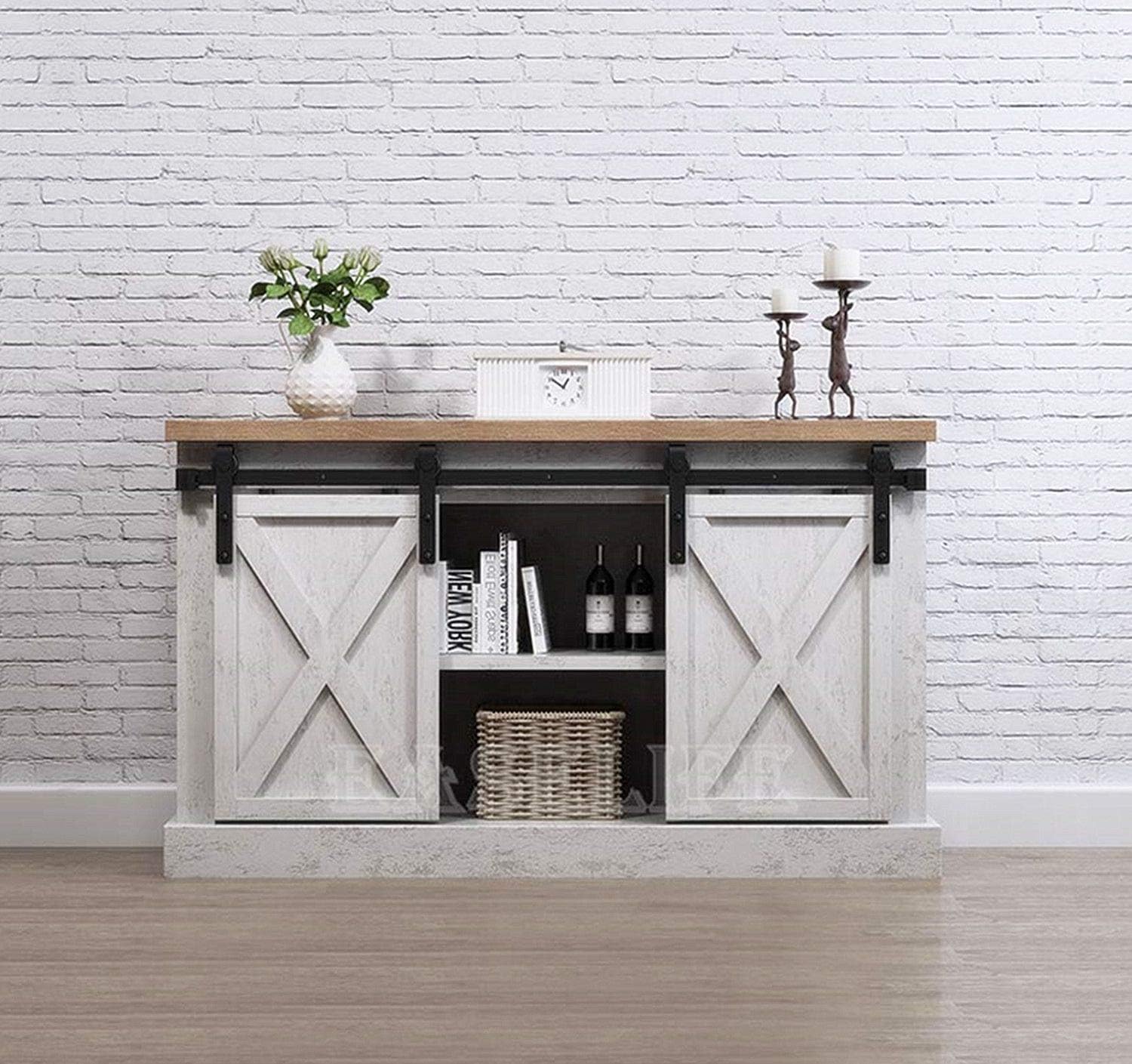Homacer Sliding Barn Door Hardware Mini Standard Double Door Kit, 72-inch Flat Track Classic Design Roller, Black Rustic Cabinet TV Stand Console Use