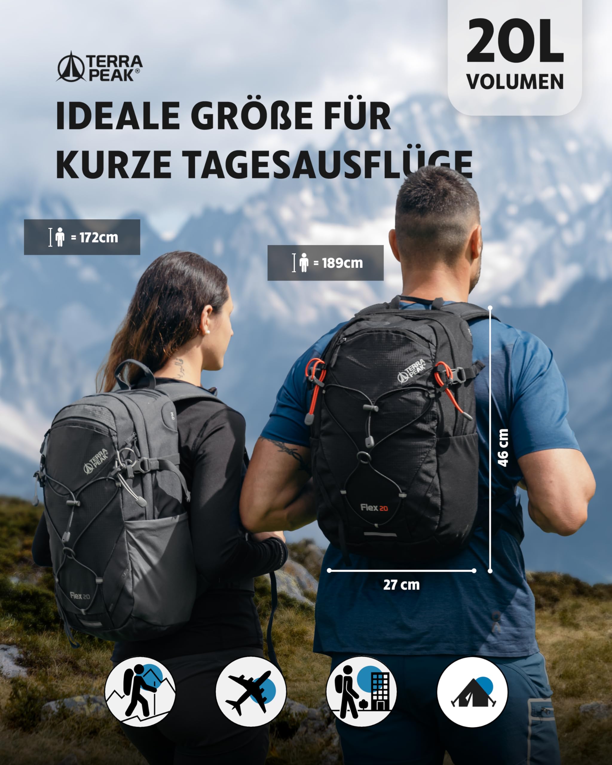 Terra Peak® Premium Wanderrucksack 20L (FLEX 20) Damen Herren & Erwachsene klein schwarz - Trekking-Rucksack wasserdicht - Daypack Rucksack & Tagesrucksack mit Trinksystem, Rückenbelüftung zum Wandern 2