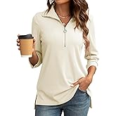 COSSEN Womens Tops Dressy Casual Shirt 3/4 Sleeve V Neck Business Casual Blouses Zipper Collar Women Polo Shirts