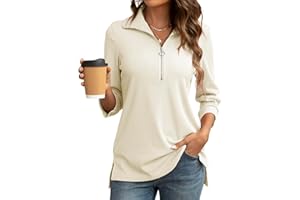 COSSEN Womens Tops Dressy Casual Shirt 3/4 Sleeve V Neck Blouses Zipper Collar Women Polo Shirts
