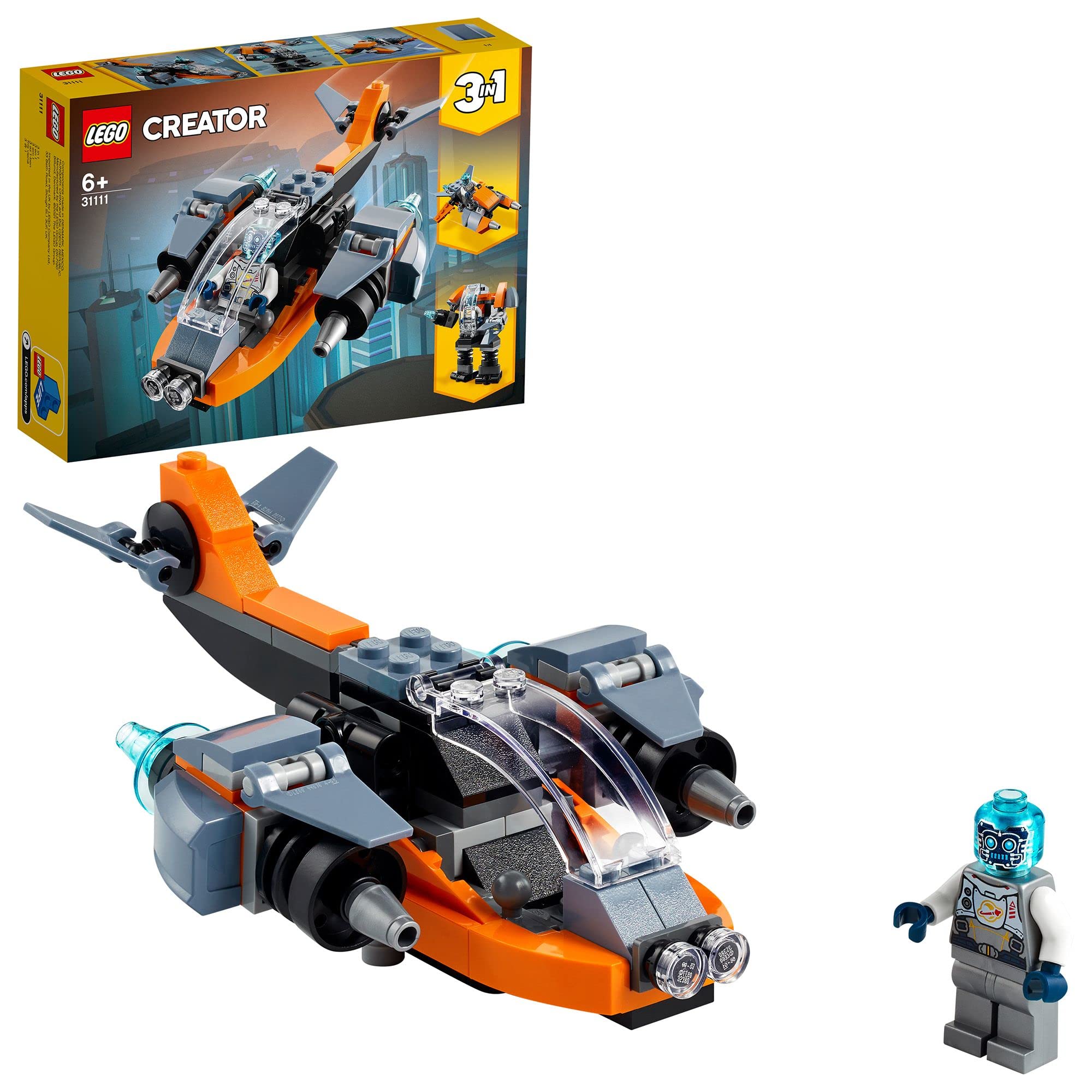 LEGO Creator 3in1 Cyber Drone 31111 3in1 Toy Building Kit Featuring Cyber Drone, Cyber Mech and Cyber Scooter; Makes a Great Gift for Kids Who Love Cool Toys (113 Pieces)