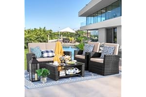 Shintenchi 4-Piece Outdoor Patio Furniture Set, Wicker Rattan Sectional Sofa Couch with Glass Coffee Table | Black