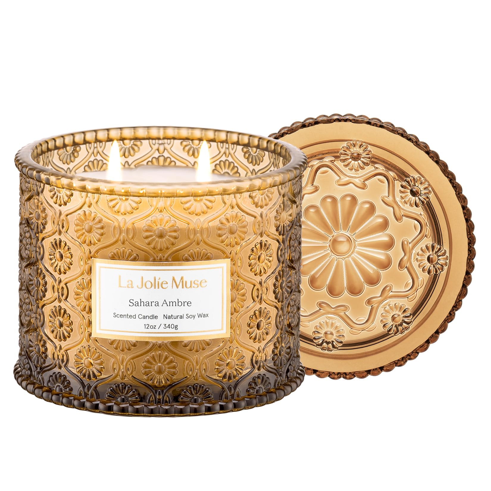 LA JOLIE MUSE Sahara Amber Candle – Bergamot, Clove & Amber | 12 oz Large 2-Wick Soy Wax Candle | 60 Hours Clean Burn | Gift-Ready for Hosts & Gatherings | Elegant Home Décor
