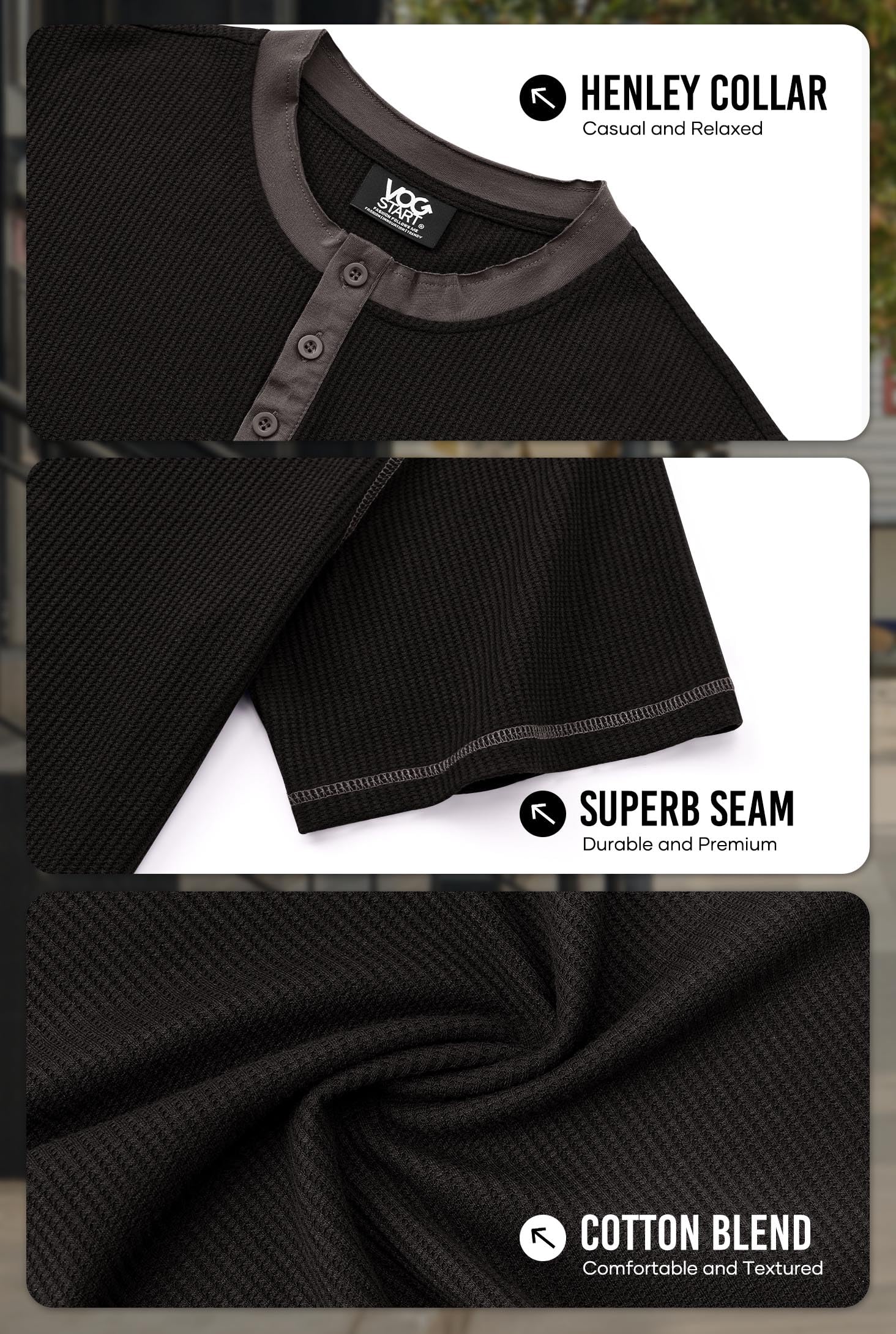VOGSTART Men 2025 Shirt Button Tee Shirt Waffle Henley Muscle Stretch Cotton Casual T-Shirt Black S