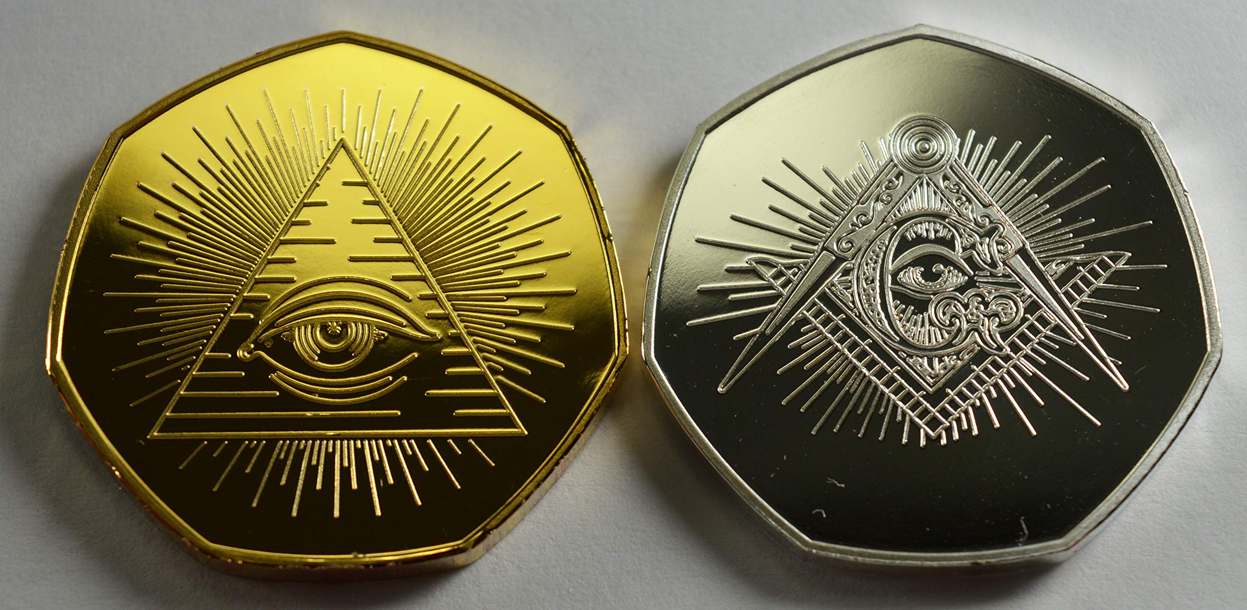 Pair of FREEMASONS, MASONIC Silver & 24ct Gold Commemorative Coins Albums/50p Collectors, Coin Hunt.. Square & Compasses, All Seeing Eye, Illuminati