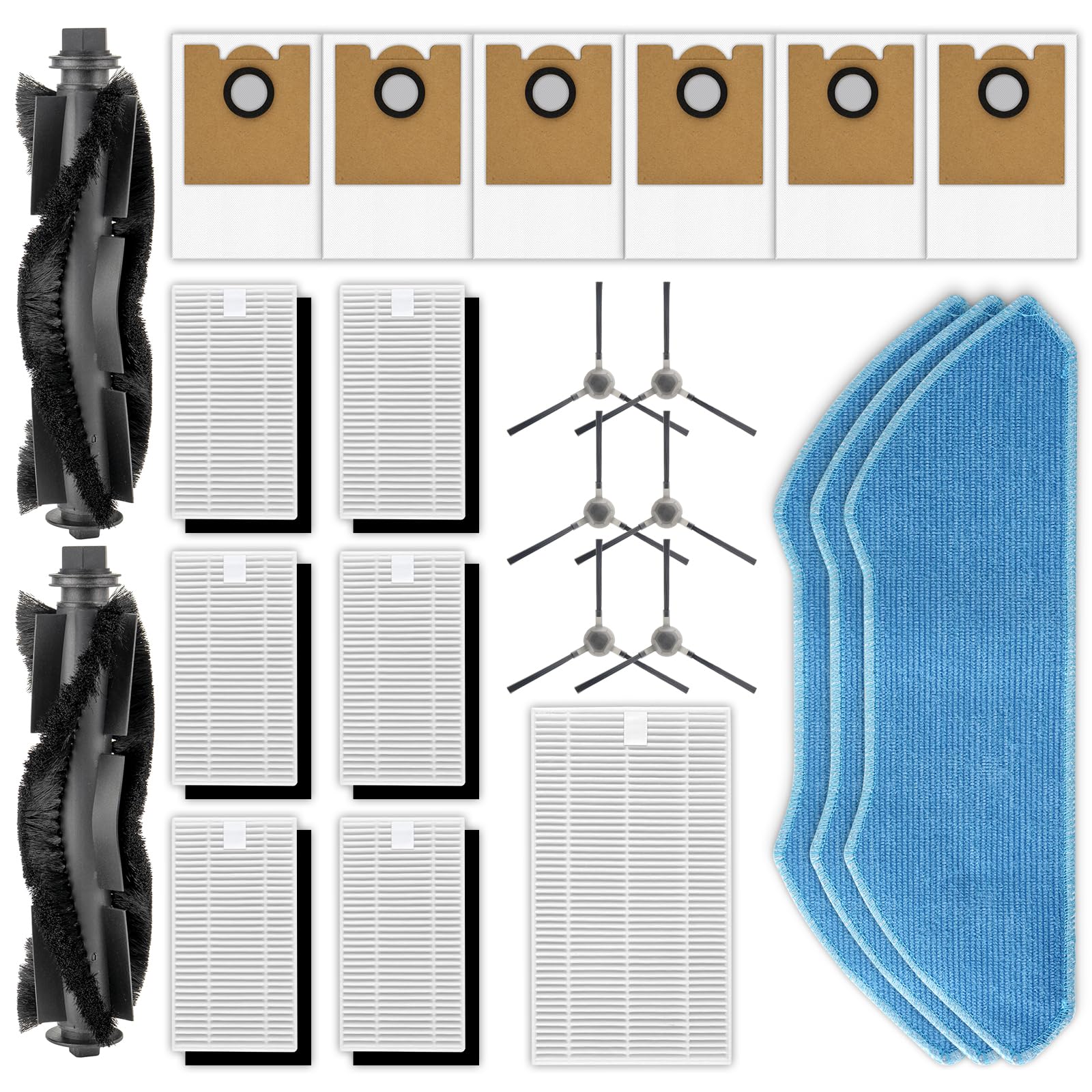 Photo 1 of (24 Pack) M2 Pro Replacement Parts for Lefant M2 Pro/ M2S Pro Robot Vacuum, 2 Roller Brushes, 6 Side Brushes, 6 HEPA Filters with Foam Filters, 3 Mop Pads, 6 Dust Bags, 1 HEPA Filter for Base Station