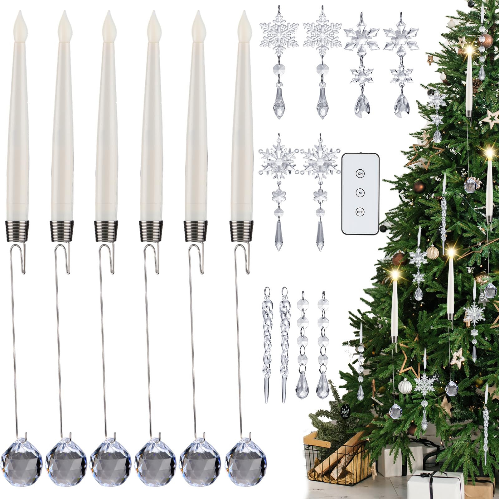 Photo 1 of *2 pack* Frienda 6 Pcs Christmas Tree LED Crystal Candles with Remote 10 Pcs Santa Acrylic Snowflake Icicle Ball Ornaments with Drop Pendants Hook for Xmas Santa Holiday Party