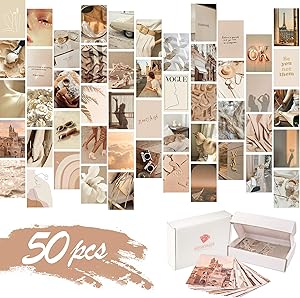 KOSKIMER Beige Aesthetic Photo Collage Kit, 50 Set 4x6 Inch Neutral Wall Collage Kit Aesthetic Pictures, Boho Bedroom Decor for Teen Girls, VSCO Posters for Dorm Room Decor, Cream Collage Print Kit (50 Set)