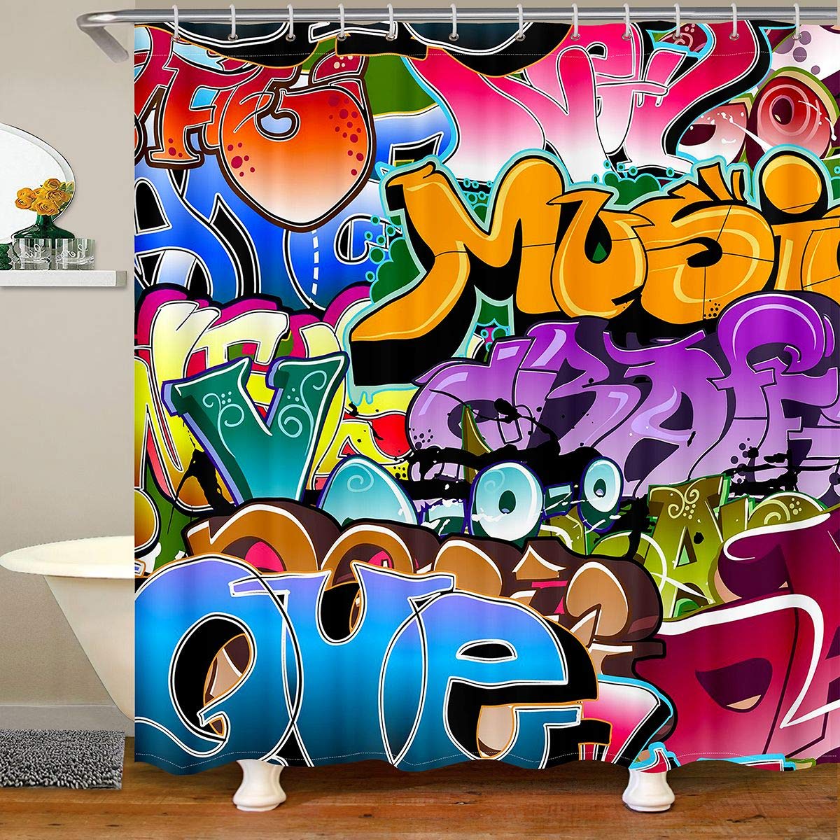Hippie Graffiti Bathroom Shower Curtain with Hooks Kids Boys Teens Colorful Cartoon Alphabet Art Waterproof Shower Curtains Machine Washable Graffiti Wall Curtians Home Bath 72x72 Inch — image 1