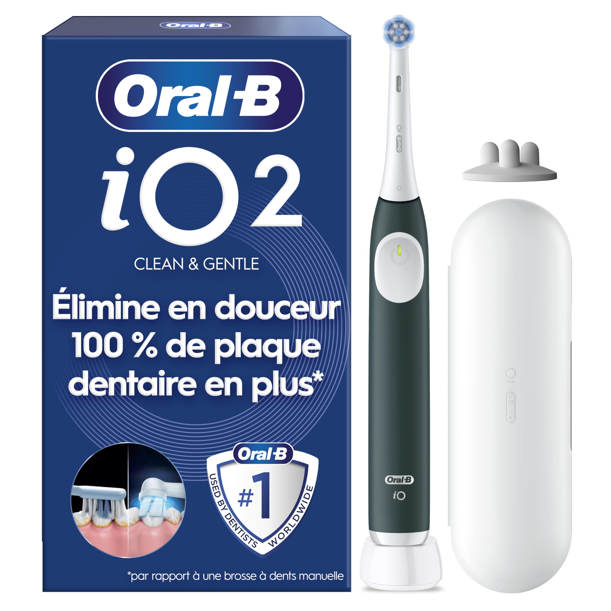 Oral-B Brosse A Dents Electrique iO 2 Vert Forêt, 3 Modes De Nettoyage, Brossage Souple Et Silencieux, Capteur De Pression, Brossette Oral B De Rechange, Chargeur, Etui De Voyage