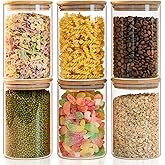YUNCANG Glass Food Storage Jars 50oz [Set of 6],Clear Glass Food Storage Containers with Airtight Bamboo Lid Stackable Kitchen Canisters for Candy,Cookie,Rice,Sugar,Flour,Pasta