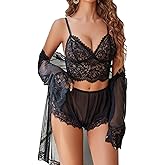 Avidlove Women Sexy Lingerie Set 3 Piece Lace Bralette and Panty Sets With Mesh Kimono Robe Sleepwear Exotic Nightgown