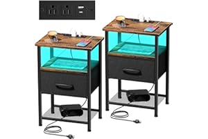 LAKEMID Nightstands Set of 2 with Charging Station and Drawer, End Table Bedside Table with 20 Colors LED Light Strip and 2 Layers Shelf for Bedroom Living Room Sofa (Rustic Brown)