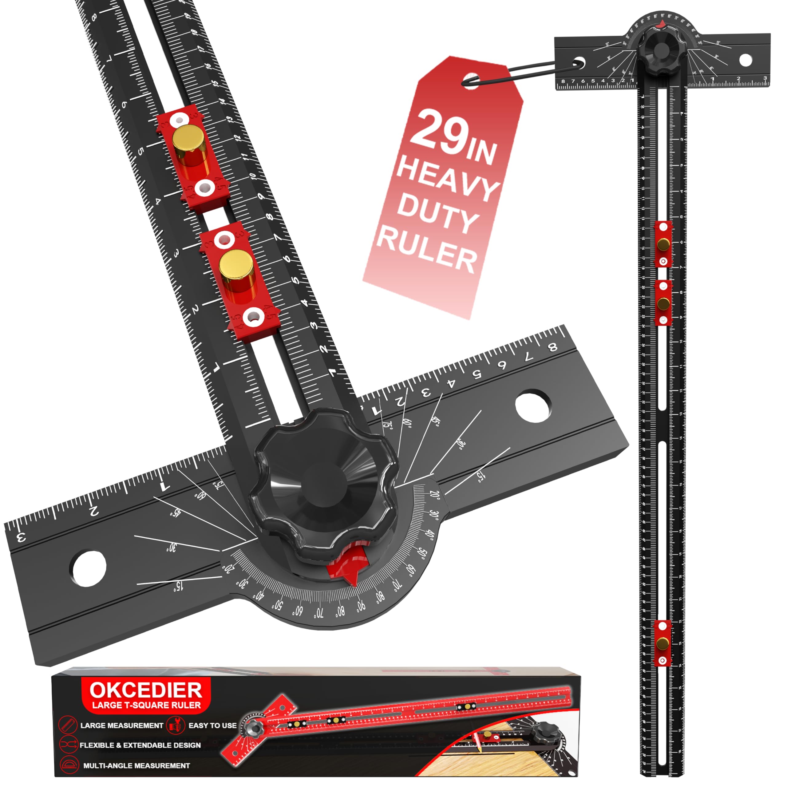 Photo 1 of 29 Inch Woodworking T Square Ruler, Aluminum Alloy, Adjustable Angle 15-165° Measurement Tool, Precision Drilling Positioning Guide for Carpentry, Drafting, Contractor, Scribe Crafting, Drywall