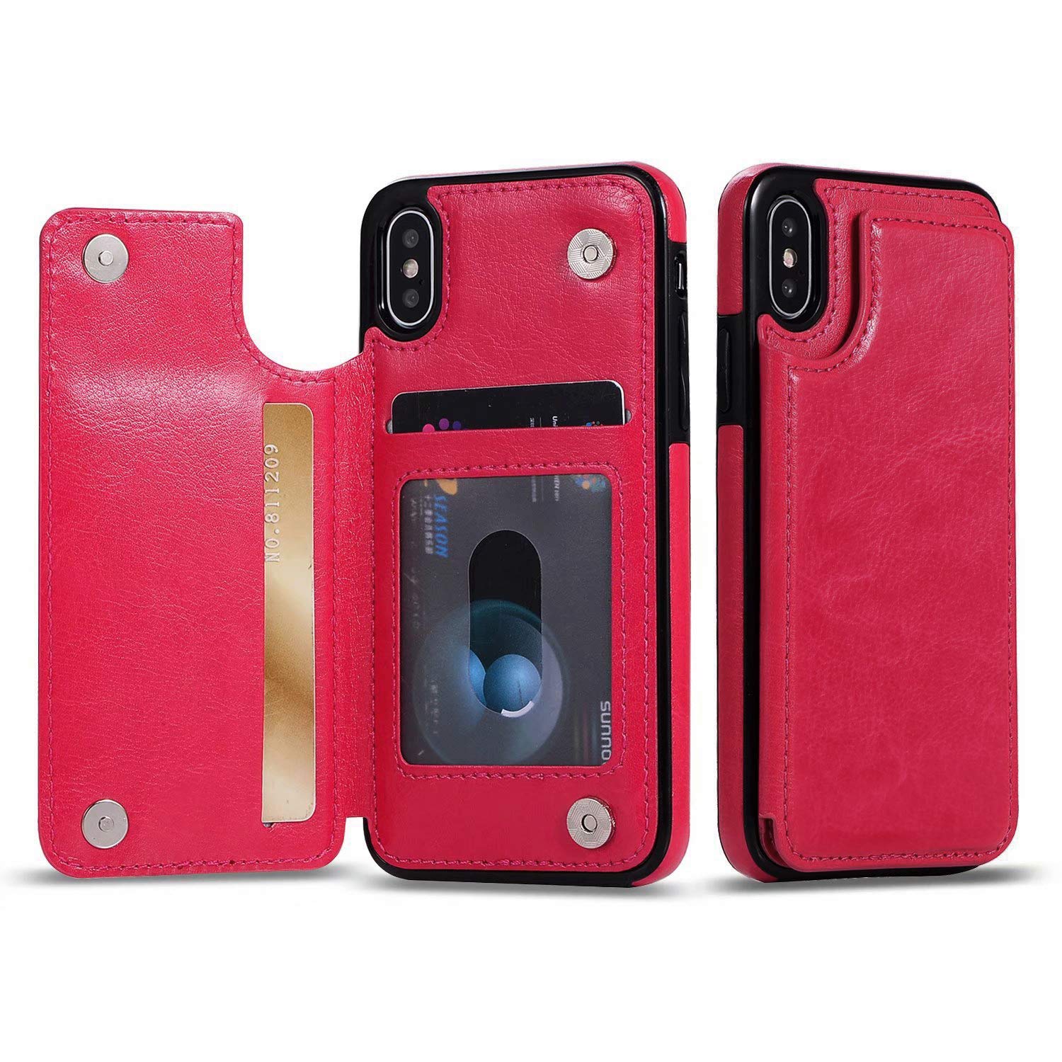 UEEBAI Case for iPhone X XS, Luxury PU Leather Case with [Two Magnetic Clasp] [Card Slots] Stand Function Durable Soft TPU Case Back Wallet Flip Cover for iPhone X/XS - Rose Red