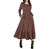 ANRABESS Womens Long Sleeve Midi Dress Spring Rib Knit Crew Neck A Line Soft Flowy Swing Dresses with Pocket Casual Trendy