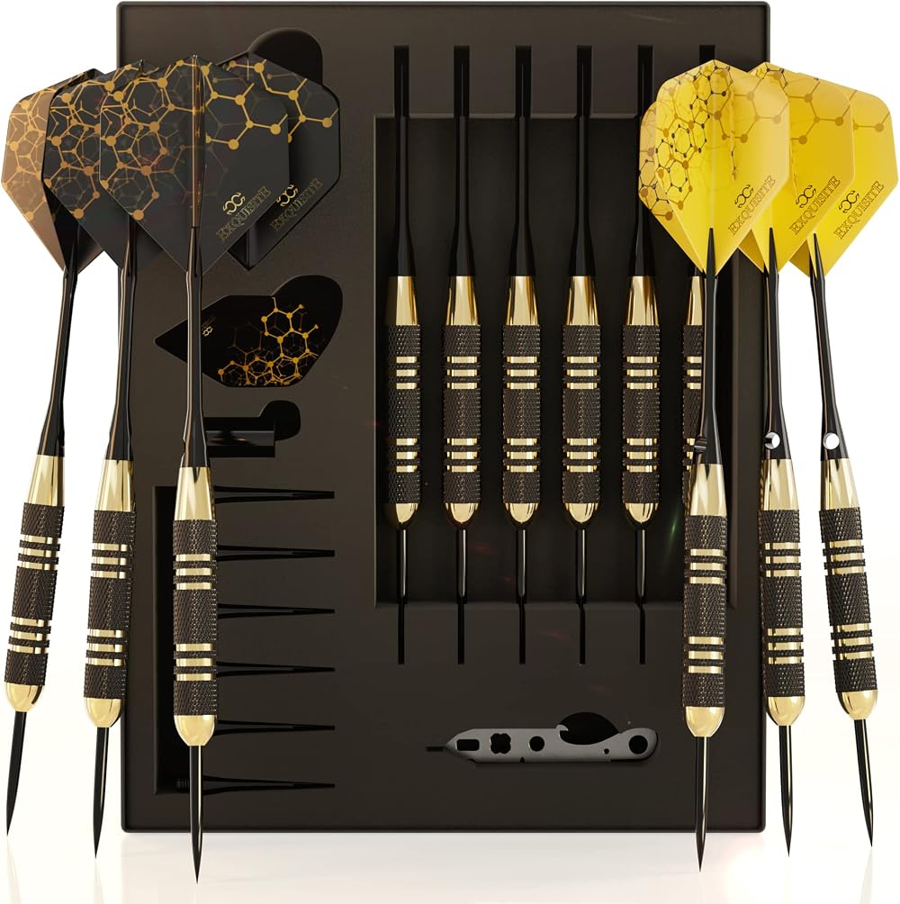 CC-Exquisite Professional Steel Tip Darts Set 6 x 22g Brass Barrels 12 Shafts