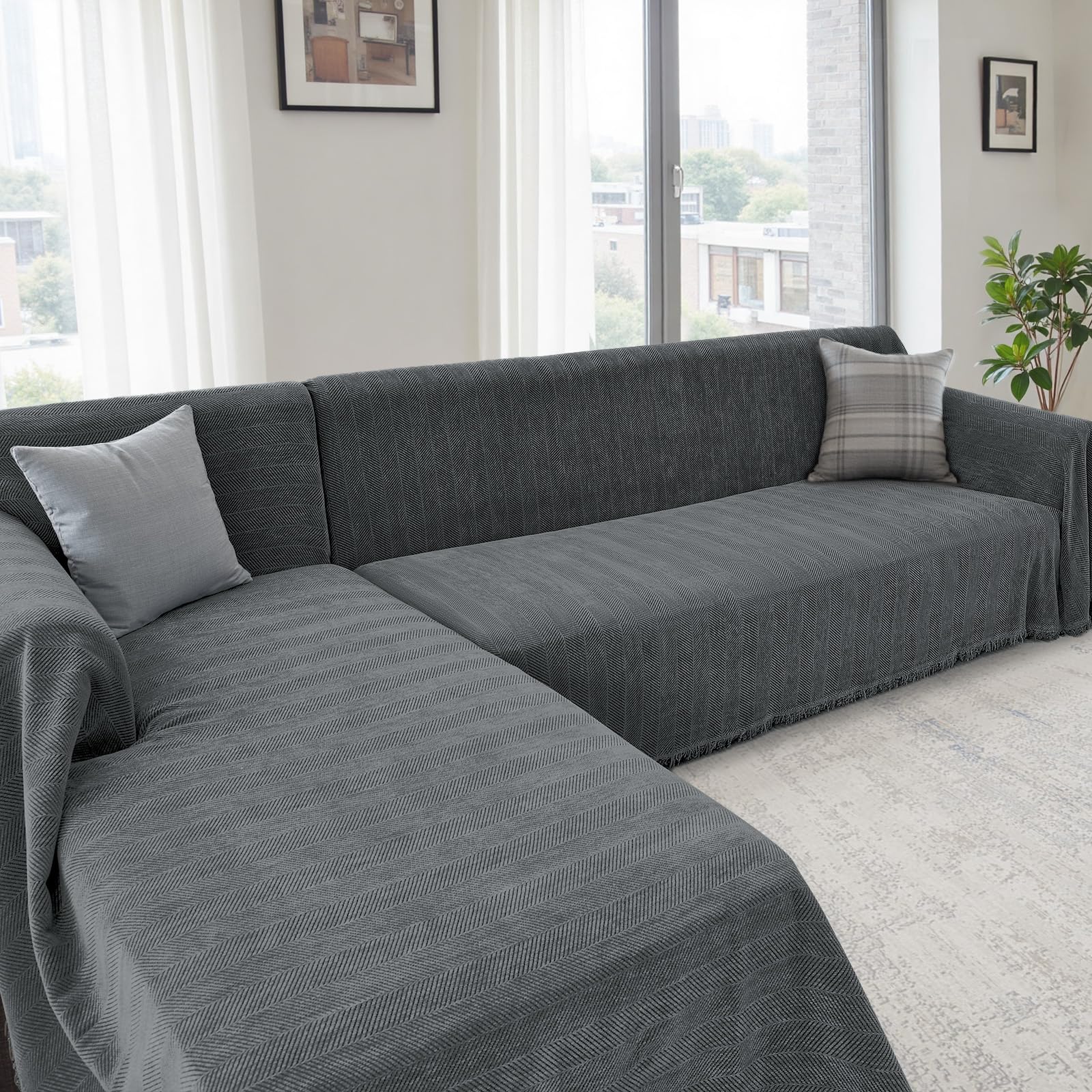 Photo 1 of CAPALOCA Sectional Couch Covers 2 Pieces, Chenille L Shaped Couch Cover Blanket for Sectional Sofa with Herringbone Pattern Washable Sofa Slipcovers (X-Large: 71" x 110" + 71" x 118", Dark Gray)