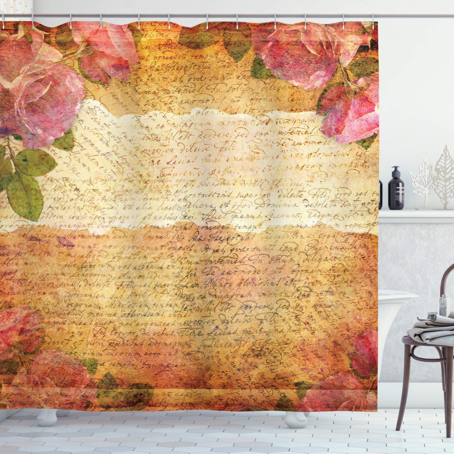 ABAKUHAUS Rose Shower Curtain, Floral Nostalgic Collage of Old Latters and Roses Retro Romantic Artwork Print, Cloth Fabric Bathroom Decor Set with Hooks, 175 x 200 cm, Cream Pink