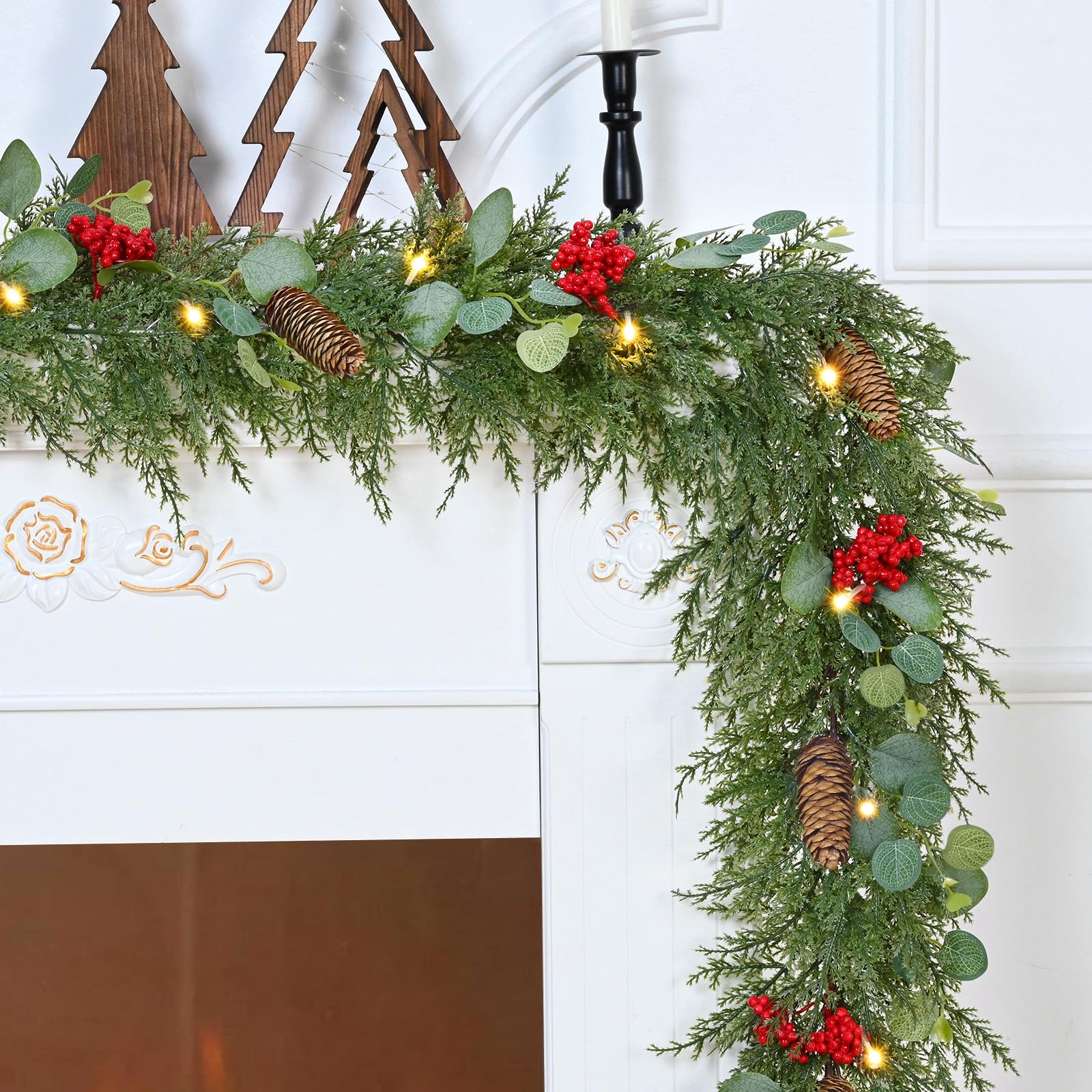 Photo 1 of **MISSING 1 SET** Waipfaru 2 Pcs Christmas Decorations, 5.9FT Christmas Garland with Lights, Prelit Lighted Christmas Greenery Cedar Garland Cypress for Home Table Mantel Stair Railing Indoor Outdoor Xmas Decor