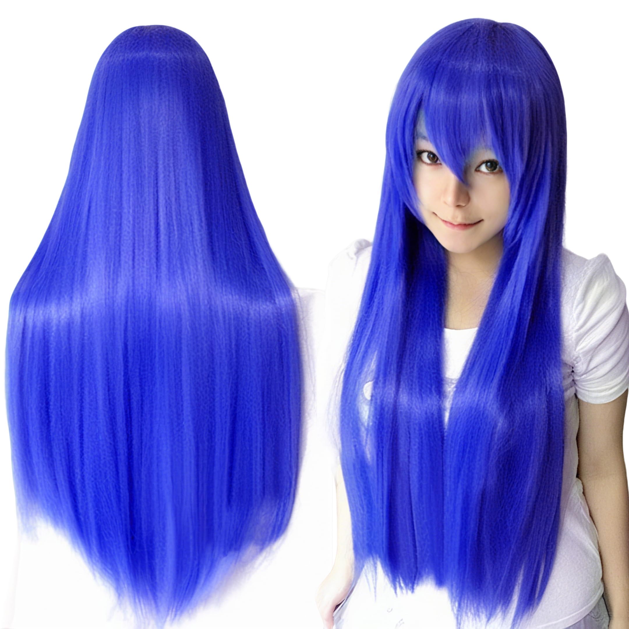 IMISSU 80cm Long Straight Natural Hair Cosplay Wigs with Bangs Colorful Halloween Costume Party Wig for Girl (Blue)