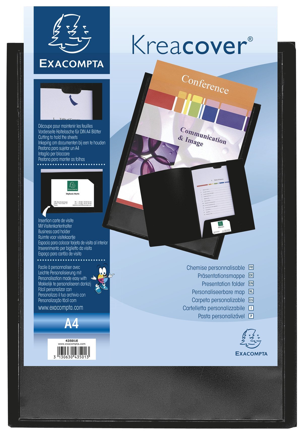 Exacompta - Ref 43501E - Kreacover Personalisable Presentation Folder - Suitable for A4 Documents, Business Card Slot, Pre-Cut Tabs for Holding Documents - Black (Pack of 10)