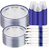 BESTSTAR 350PCS Clear and Blue Disposable Plates Set for 50 Guests, 100 Plastic Plates, 50 Cups, 50 Pre-Rolled Napkins with Plastic Cutlery for Party, Birthday, Thanksgiving, Christmas, Halloween