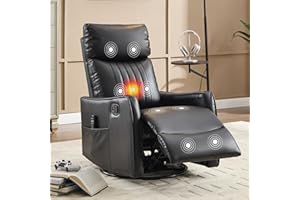 EZZUP Manual Swivel Rocker Recliner Chair for Adults, Overstuffed Reclining Glider Chair for Nursing with Vibration Massage & Heat, Living Room Rocking Recliner 2-Stage backrest, Faux Leather Black
