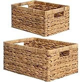 StorageWorks Wicker Storage Baskets, Handwoven Water Hyacinth Basket for Organizing, Decorative Organizers with Built-in Handles, Set of 2