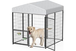Mr IRONSTONE Large Dog Kennel Outdoor with Water-Resistant Roof Heavy Duty Outside Dog Kennel Pet Pens Dogs Run Enclosure with Rotating Feeder and Secure Lock (4'L x 4'W x 4.4'H)
