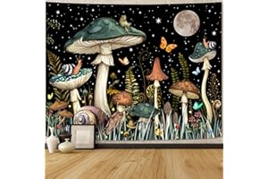 Zussun Green Mushroom Tapestry Moon Star Tapestries for Bedroom Aesthetic Starry Night Plant Tapastrys Wall Hanging Butterfly Snail Frog Wall Tapestry for Living Room Dorm (Dark, 60" x 44")