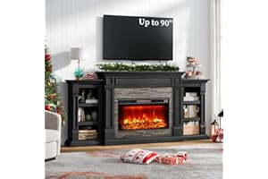 LGHM 80" Fireplace TV Stand, Electric Fireplace with Mantel for TVs Up to 90 Inch, Modern Black Entertainment Center with Storage, 30'' Fireplace Heater Insert with 3D Flame Effect for Living Room