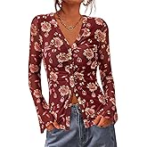 BTFBM Button Down Shirts for Women 2026 Spring Boho Tops V Neck Long Sleeve Blouses Ruched Mesh Fitted Fall Fashion