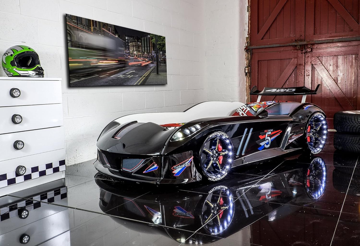 New 3ft Single Black Childrens Kids Novelty Thunder Toddler Junior Racing Car Bed & Mattress with LED Lights