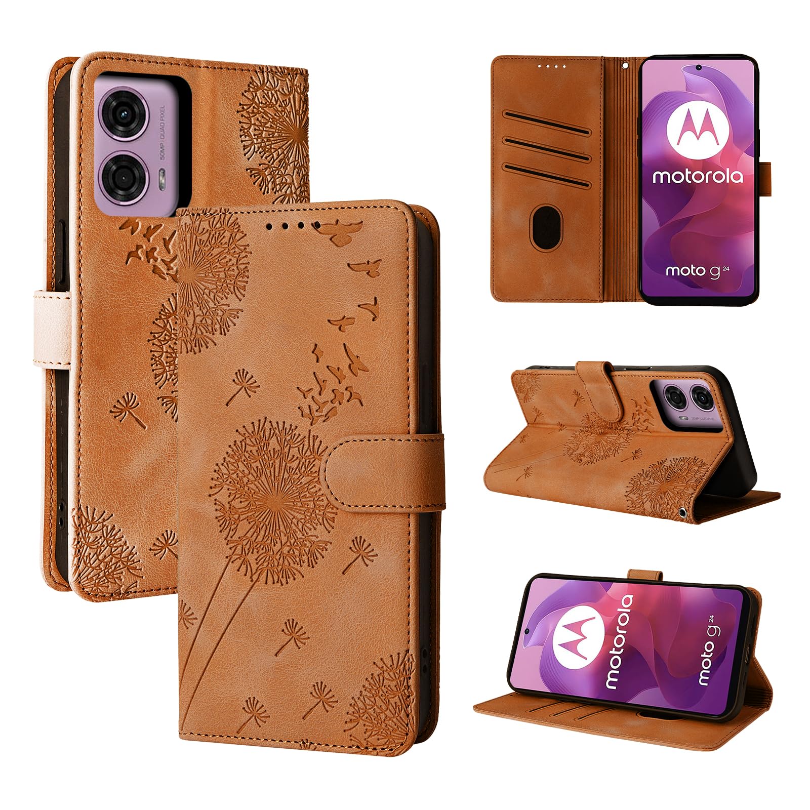 Rostsant Case for Motorola Moto G24 5G Dandelion Cover Premium PU Leather Flip Phone Case Wallet Card Slots Protective Cover for Motorola Moto G24 5G Brown — image 1