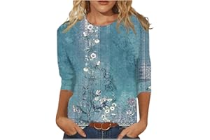 slqdgmryz Plus Size 3/4 Sleeve Tops for Women Crewneck Printed Floral Blouses Dressy Loose Tunic Tops to Wear with Leggings