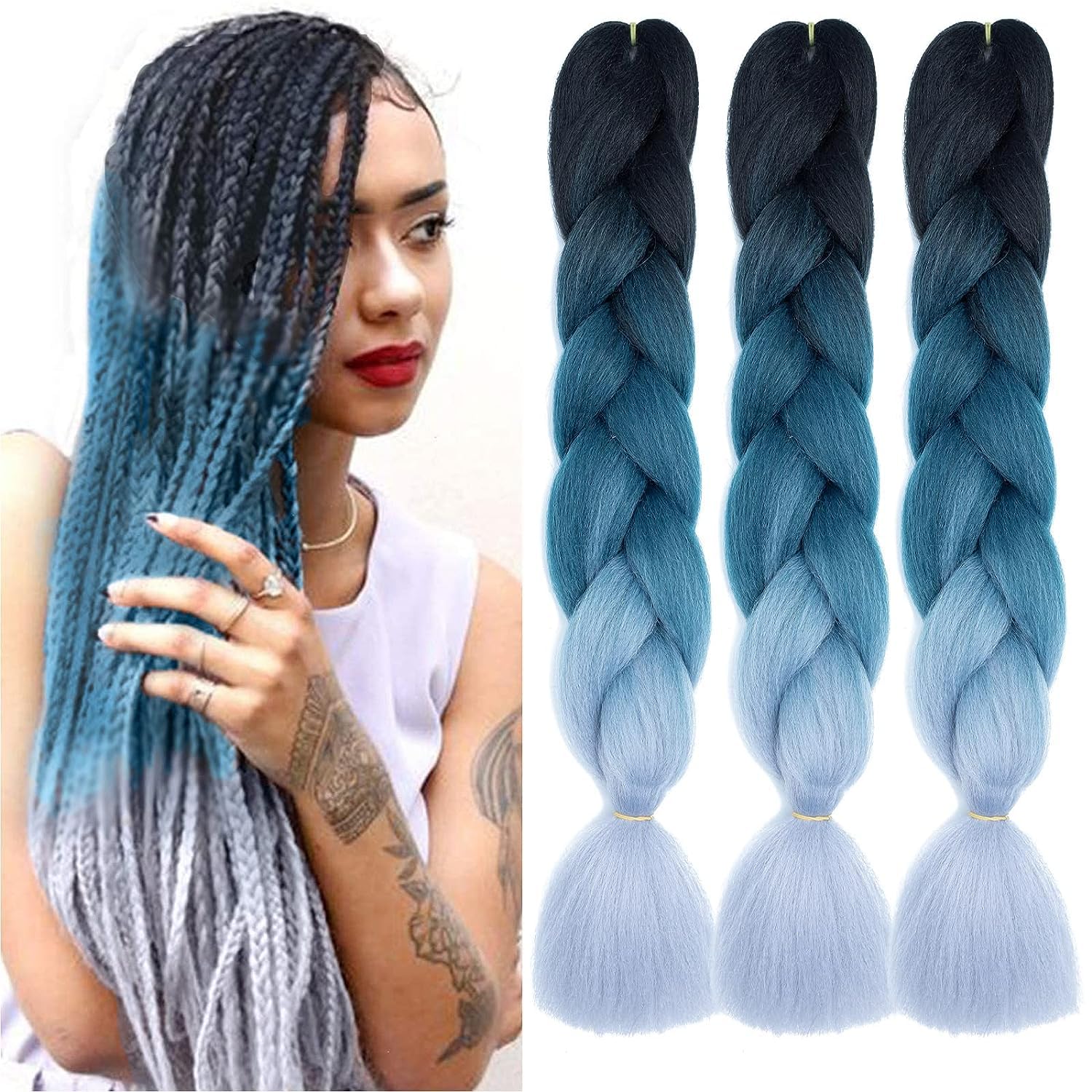 Xtrend 24 pouces 3Packs Ombre 3Tones cheveux tressés Jumbo synthétique cheveux tressés Ombre haute température tresses synthétiques au Crochet Extensions de cheveux (3Packs, noir/bleu/gris) — image 1