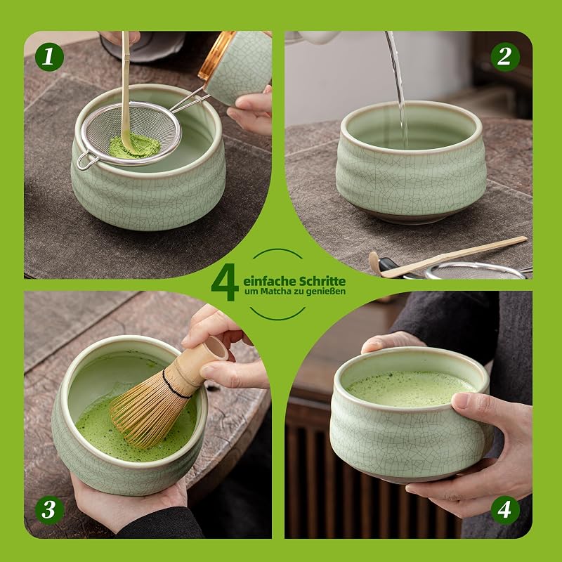 Matcha Set, 7-teilig mit Keramikschale & Bambusbesen, Hellgrün