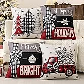 MIULEE Set of 4 Holiday Black and Red Decorative Pillow Covers 18x18 inch Happy Christmas Tree Throw Pillow Cases Winter Seasonal Cushion Cases Home Decors for Sofa Couch Bedroom