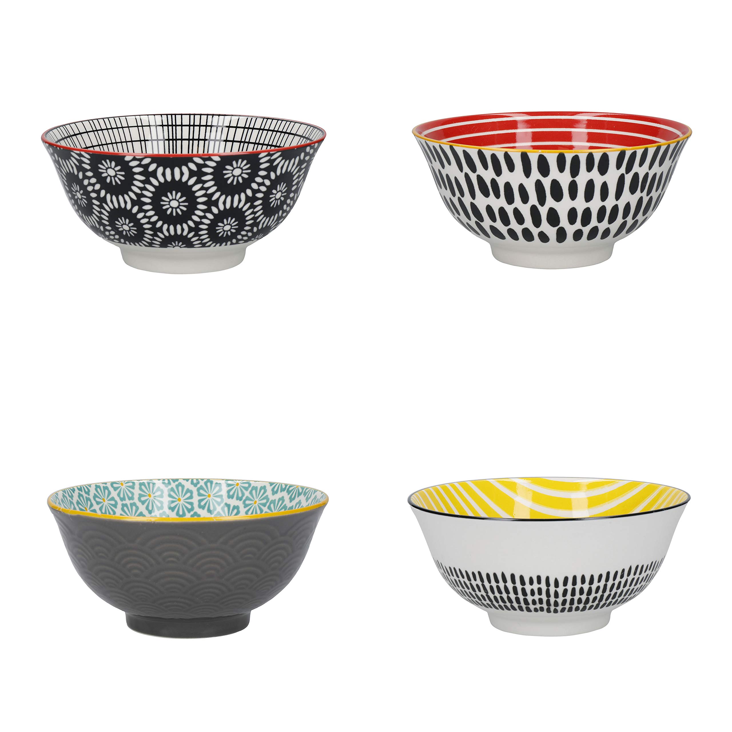 KitchenCraft Patterned Cereal Bowl Set in Gift Box, 4 Ceramic Bowls Ideal for Ice Cream, Soup and More, 'Monochrome' Designs, 15cm